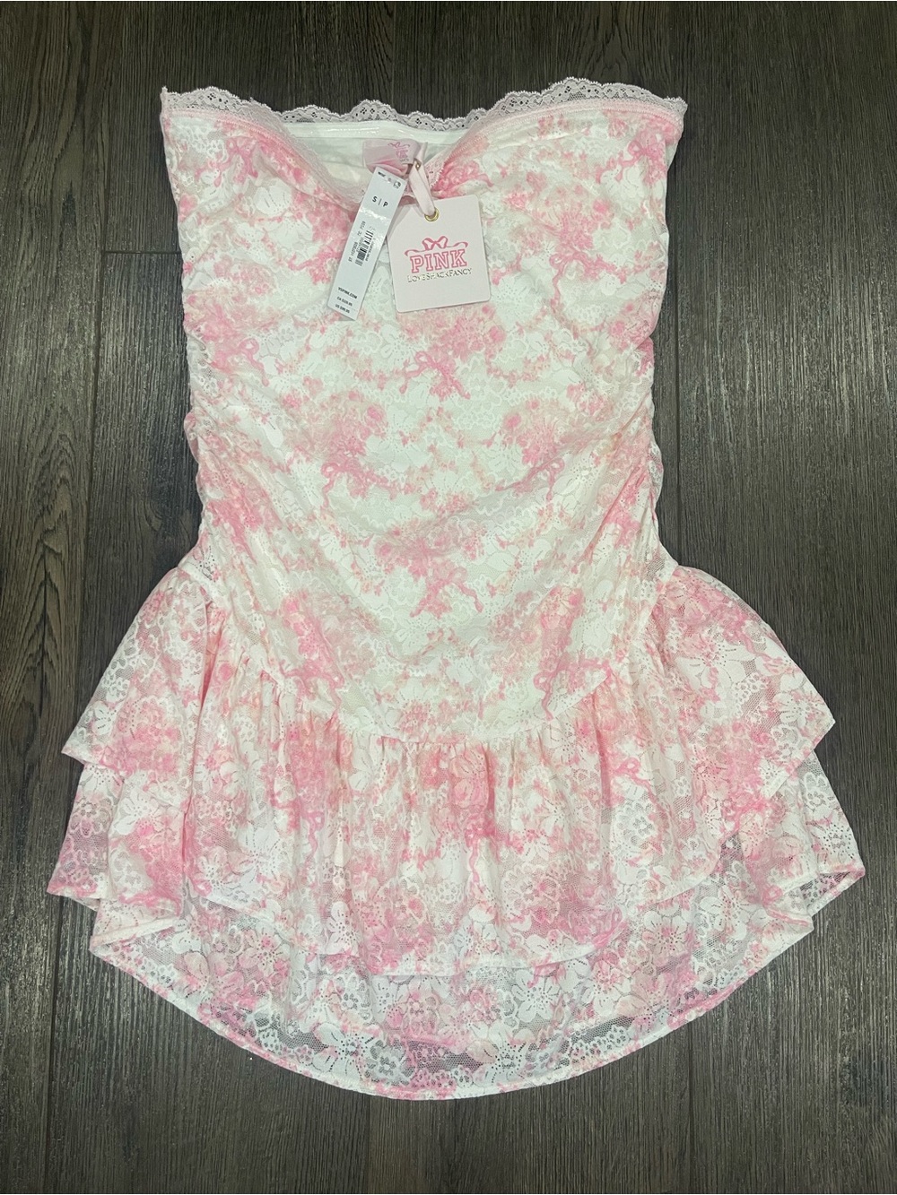 PINK Victoria's Secret Pink & White Lace Peplum Strapless Kids Dress